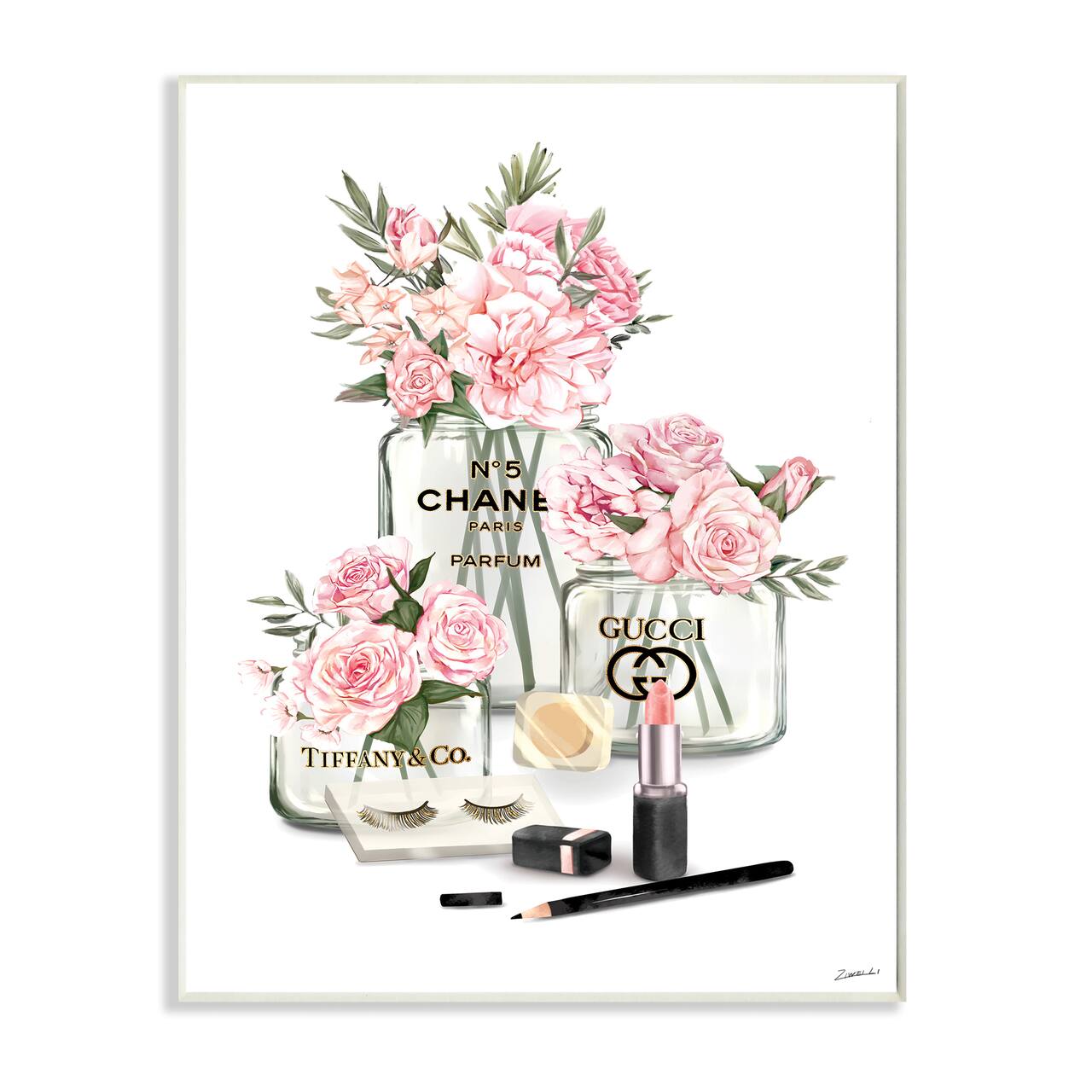 Stupell Industries Pink Rose Florals in Glam Fashion Jars Wood Wall Plaque
